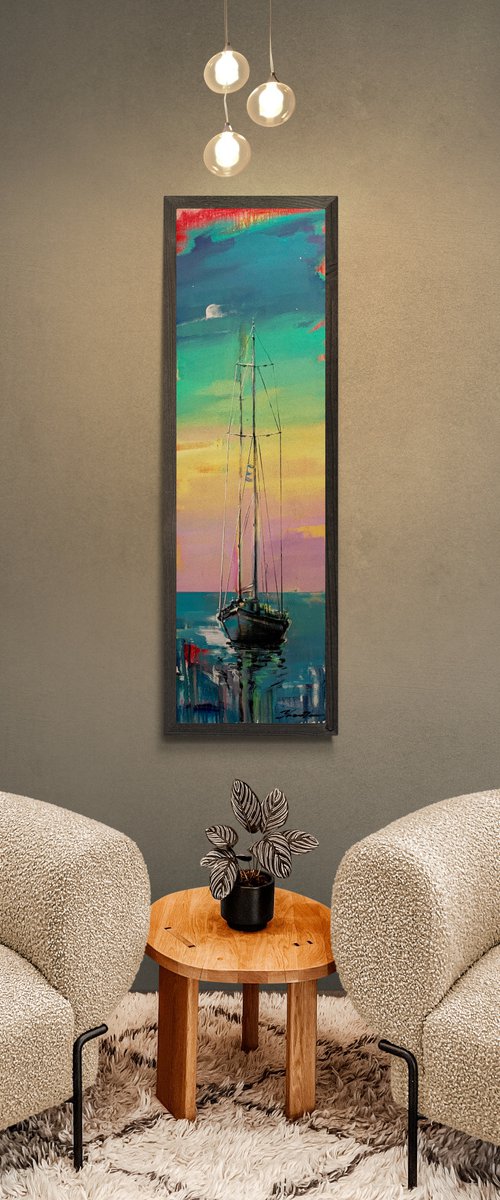Big vertical painting - "Bright dawn" - delicate color - sunset - sailing boat - seascape by Yaroslav Yasenev