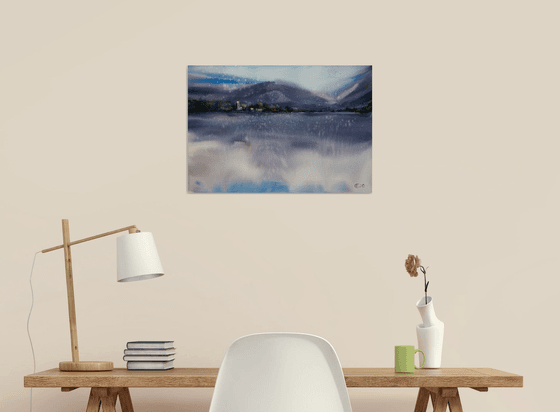 Alpes landscape. Watercolor original painting. Big format purple water reflections interior moody mist gift clouds italy