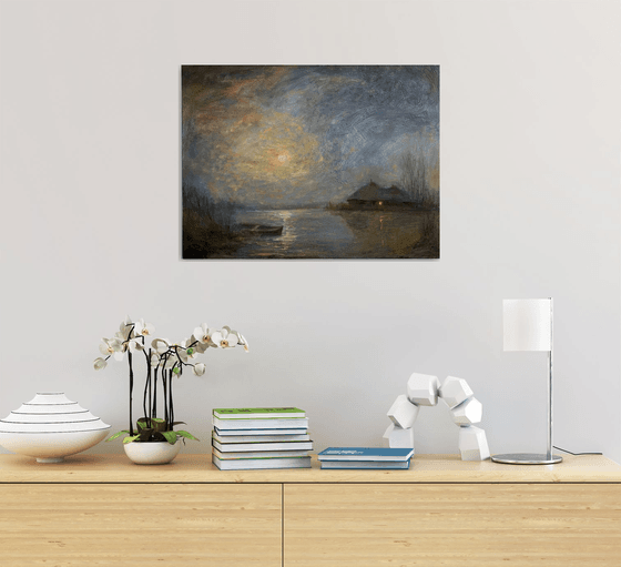 Home: Moonlit Sky and Boat. Original Oil Painting on Canvas.