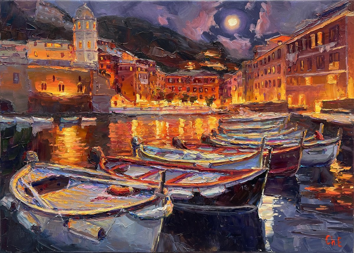Impressionistic Cityscapes Oil Painting By Evgeny Chernyakovsky, 27 X 20, Night City, Original Artwork