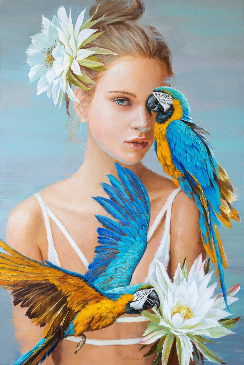 Girl with blue parrots by Ira Volkova