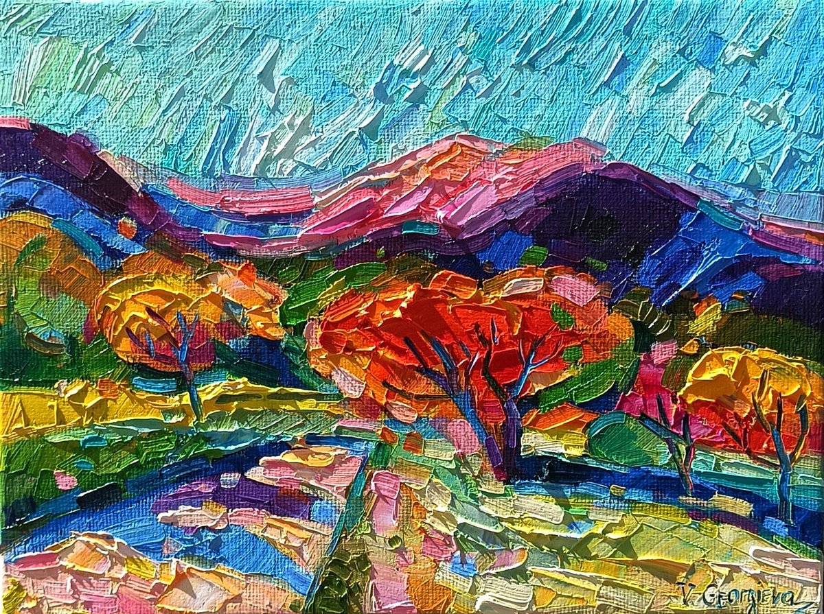 Expressive Landscape Oil Painting By Vanya Georgieva, 16 X 12", Light Blue Sky, Original Artwork