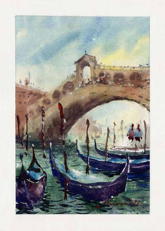 Gondolas and Rialto Bridge.