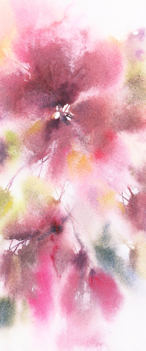 Pink watercolor flowers "After summer rain" by Olga Grigo