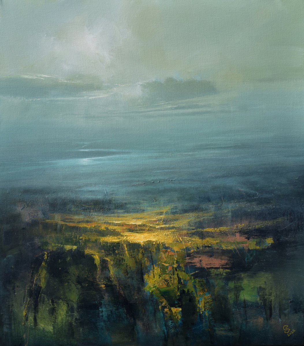 Abstract Landscape Oil Painting By Ivan Grozdanovski, 28 X 31, Agartha - A Bluish Haze , Original Artwork