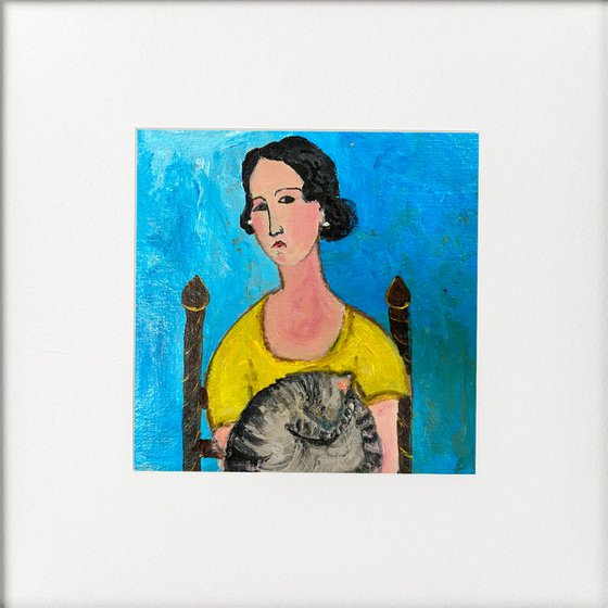 Woman Yellow Dress Tabby Cat