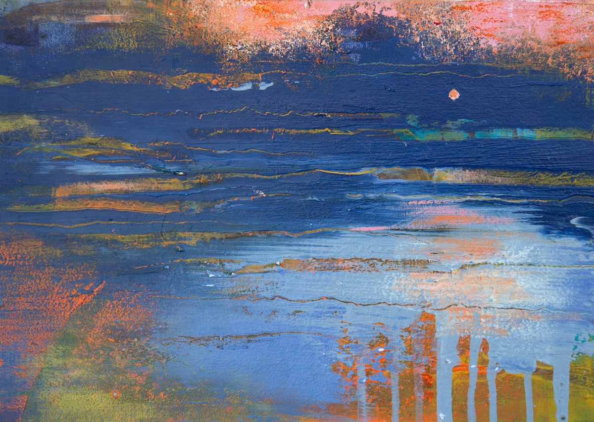 Organic Landscape Acrylic Painting By Paul Hillary, 17 X 13", Pale Orange Moon, Original Artwork