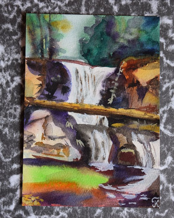 Waterfall in forest mountains Watercolor painting