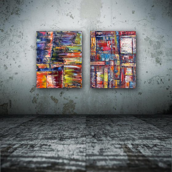 "Keep Your Distance" - FREE USA SHIPPING + Save As A Series - Original PMS Abstract Diptych Oil Paintings On Canvas - 32" x 20"