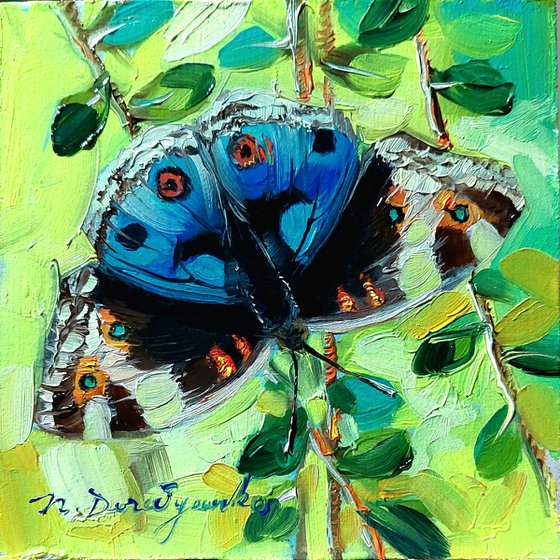 Butterfly oil painting original 4x4 small art framed, Blue butterfly painting