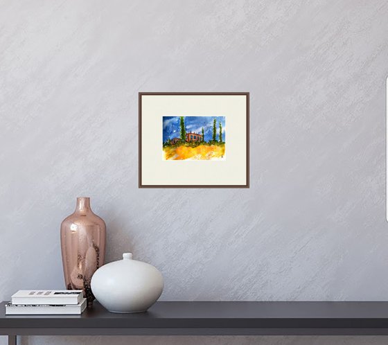 Tuscany Painting Landscape Original Art Farm House Watercolor Poplar Tree Artwork Yellow Field Small Wall Art 8 by 12" by Halyna Kirichenko