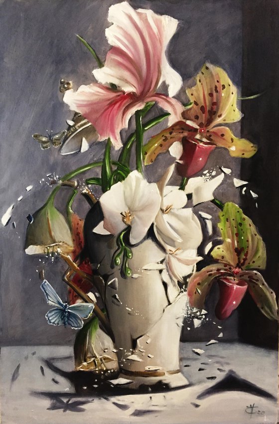 Falling white porcelain - original oil on wood - 40 x 60 cm ( 16' x 24 ' )