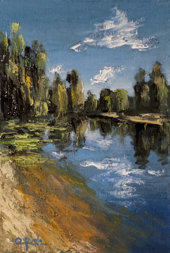 Impression. Sunny riverbank