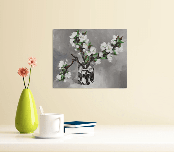 Blossoming cherry branch.. One of a kind, original painting, handmad work, gift.