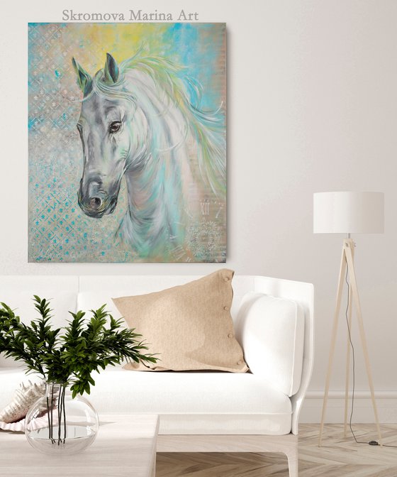 GRACE -White horse. Stallion. Totem animal. Running horse. Wild Horse. Gorgeous mane. Abstract background. Beauty. Force. Power. Steed.