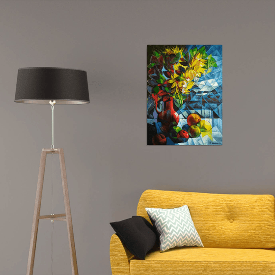 Still life with sunflowers (60x80cm, cubism, oil painting, ready to hang)