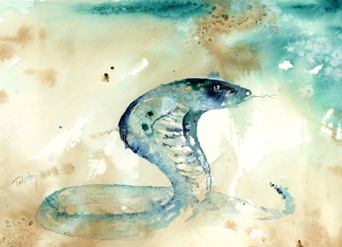 Impressionistic Animal Watercolour By Alex Tolstoy, 14 X 10, Blue Cobra, Original Artwork