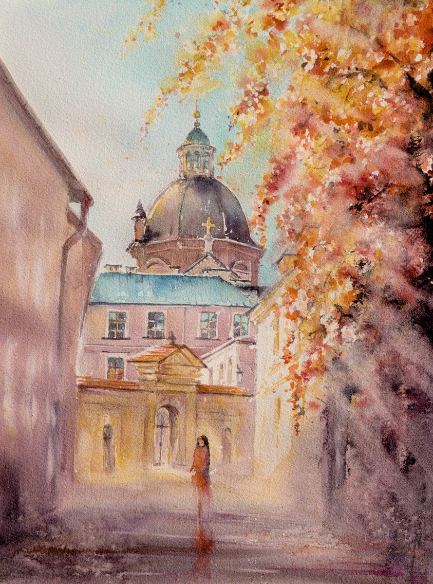 Impressionistic Cityscapes Watercolour By Eve Mazur, 12 X 16, Autumn In Krakow., Original Artwork