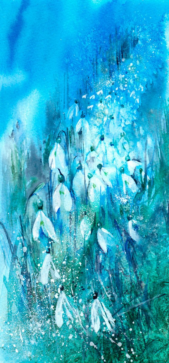 Snowdrop painting, Original Watercolour, Blue by Anjana Cawdell