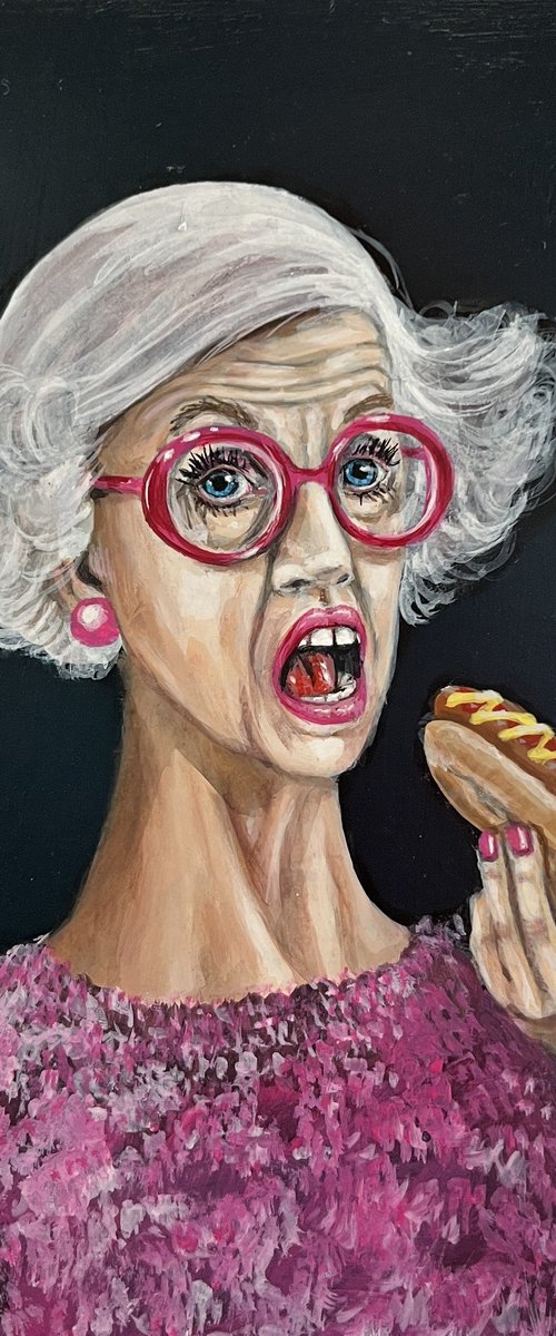 A classy Lady eating a hotdog called 'Caught In The Act' by Victoria Coleman