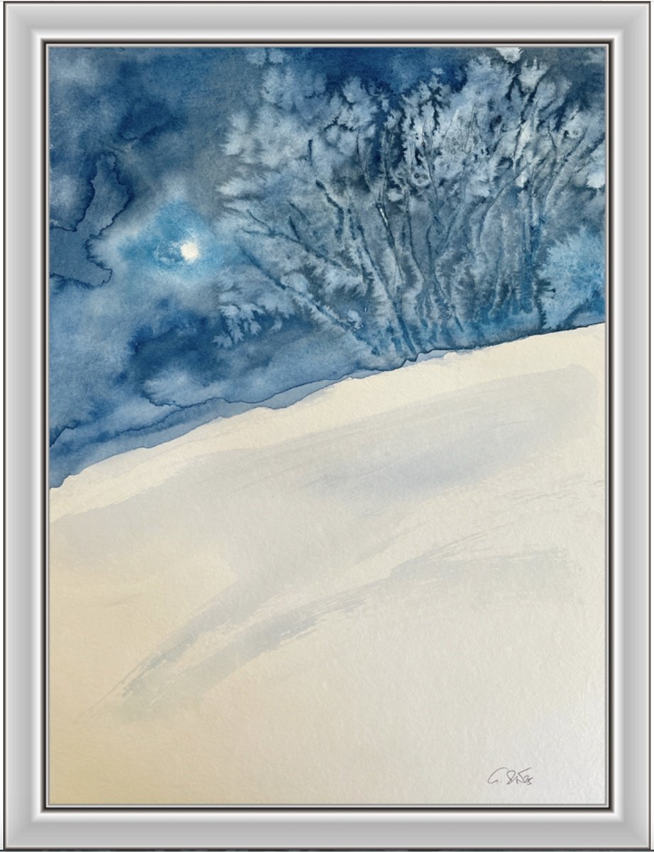 Abstract Landscape Watercolour By Gesa Reuter, 12 X 16, Winter Night, Original Artwork