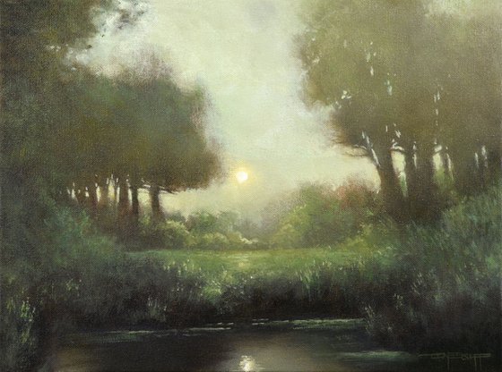 Misty moonrise impressionist fall colors tonal landscape
