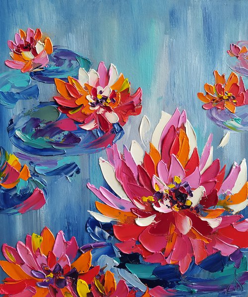 Water lilies -  lilies oil painting, lake, river, flowers in water, flowers on the river, water lilies, water lilies oil painting by Anastasia Kozorez