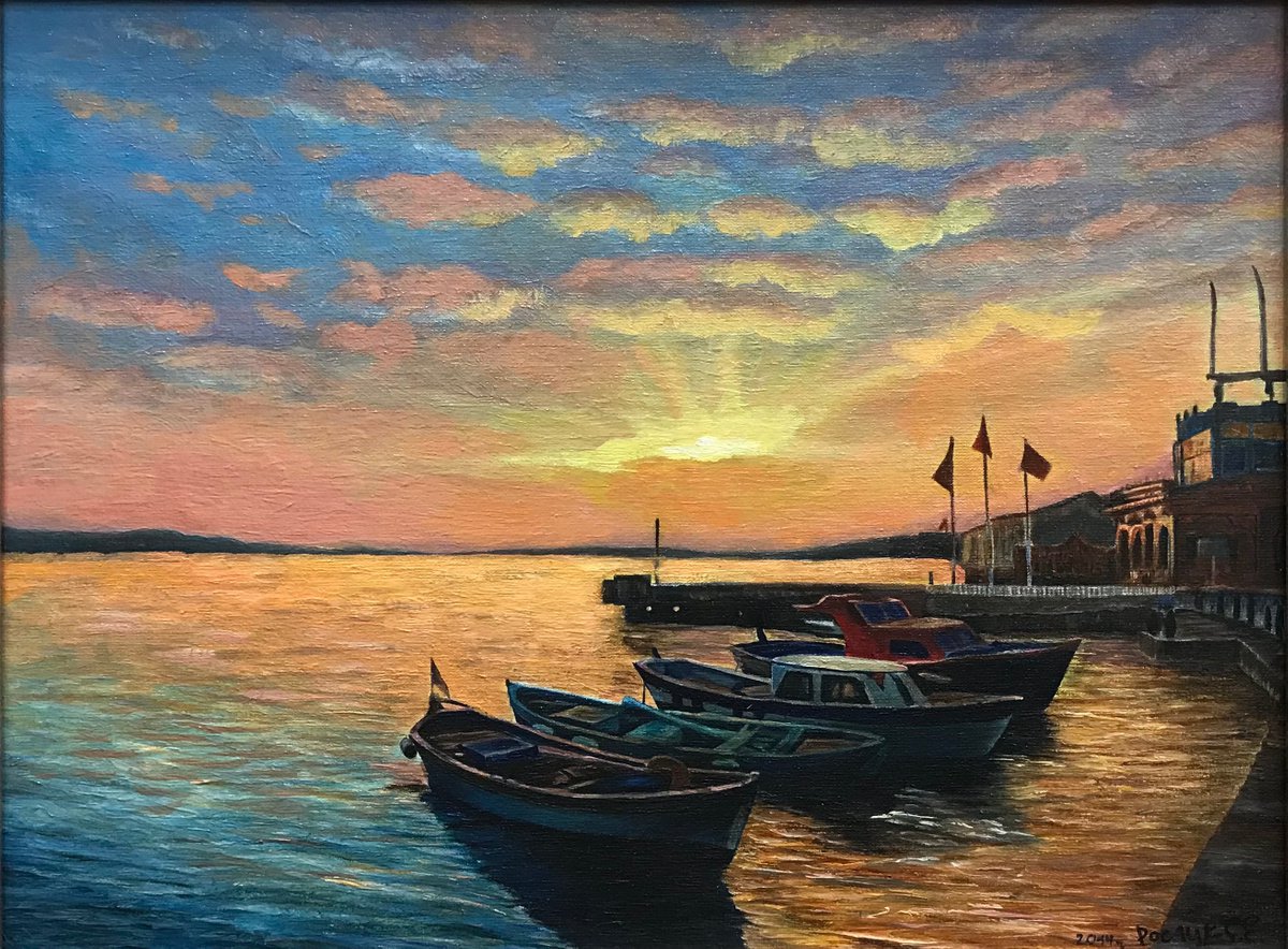 Original oil painting Boats at the pier - 40x30 cm (2014) by Evgeniya Roslik