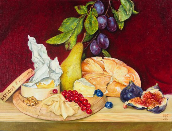 Still life with cheese and pear