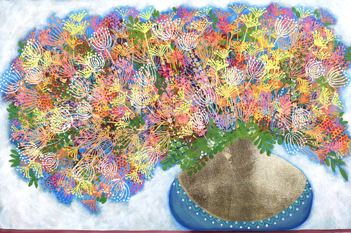 Expressive Botanical Acrylic Painting By Mariann Johansen-Ellis, 41 X 29", Summertime High, Original Artwork