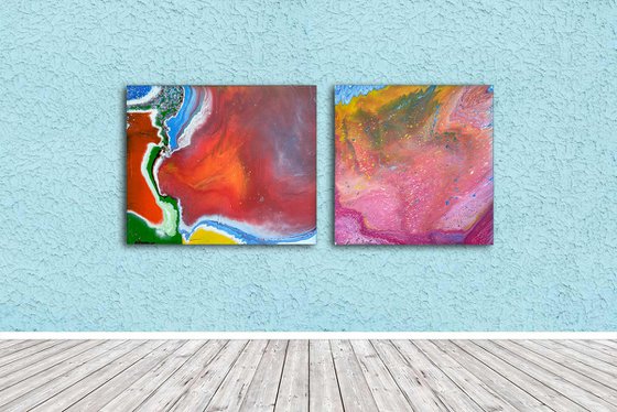 "Cracks and Bubbles" - Save As A Series - Original Large PMS Abstract Diptych Fluid Acrylic Paintings On Canvas - 66" x 30"