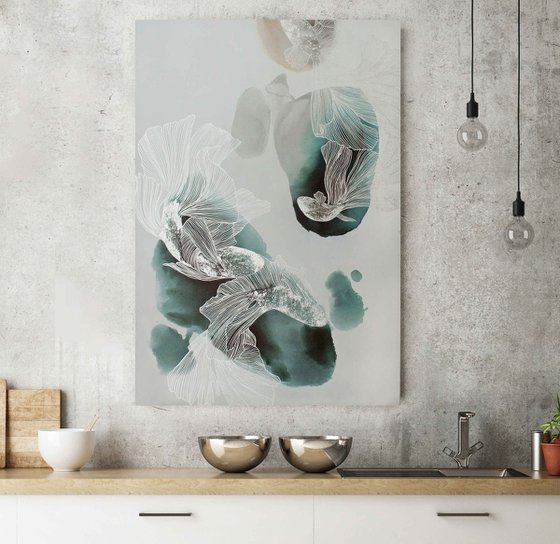 "Immensity" Abstract teal silver fish art