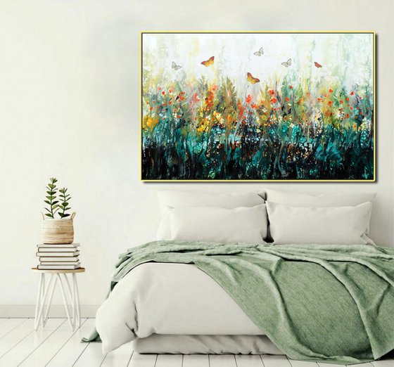 Garden extra large modern painting with flowers and butterflies