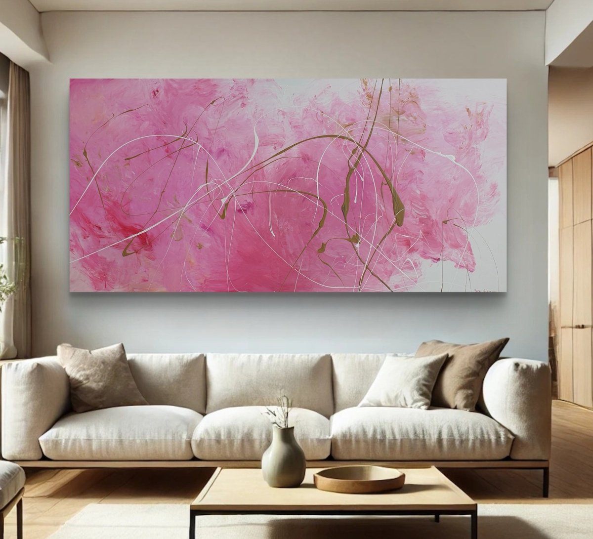 Abstract Acrylic Painting By Gabriela Azar Schreiner, 75 X 39, Flamingo, Original Artwork