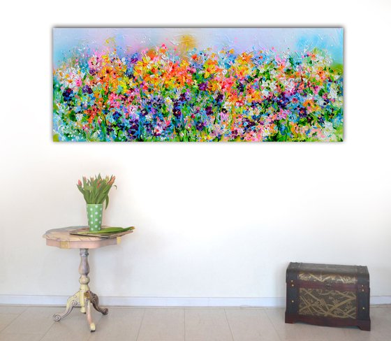 I've Dreamed 23 - Colorful Spring Floral Painting, Daffodils, Pansies, Snow Drops, Primroses - 150x60 cm, Palette Knife Modern Ready to Hang Floral Painting - Flowers Field Acrylics Painting