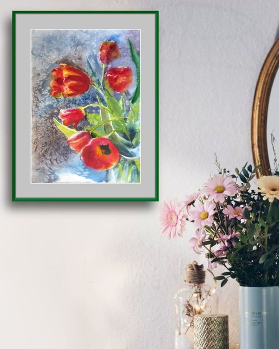 Red Tulips Watercolor Painting Expressive and Loose Floral Art