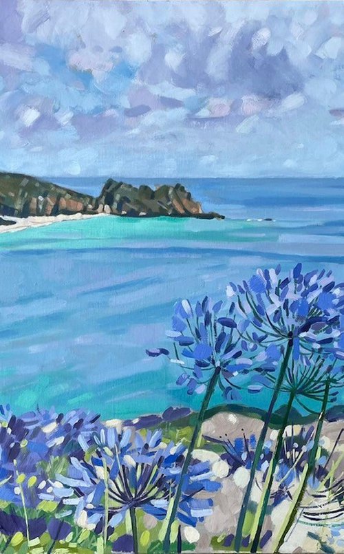 Porthcurno And Agapanthus by Emma Dashwood