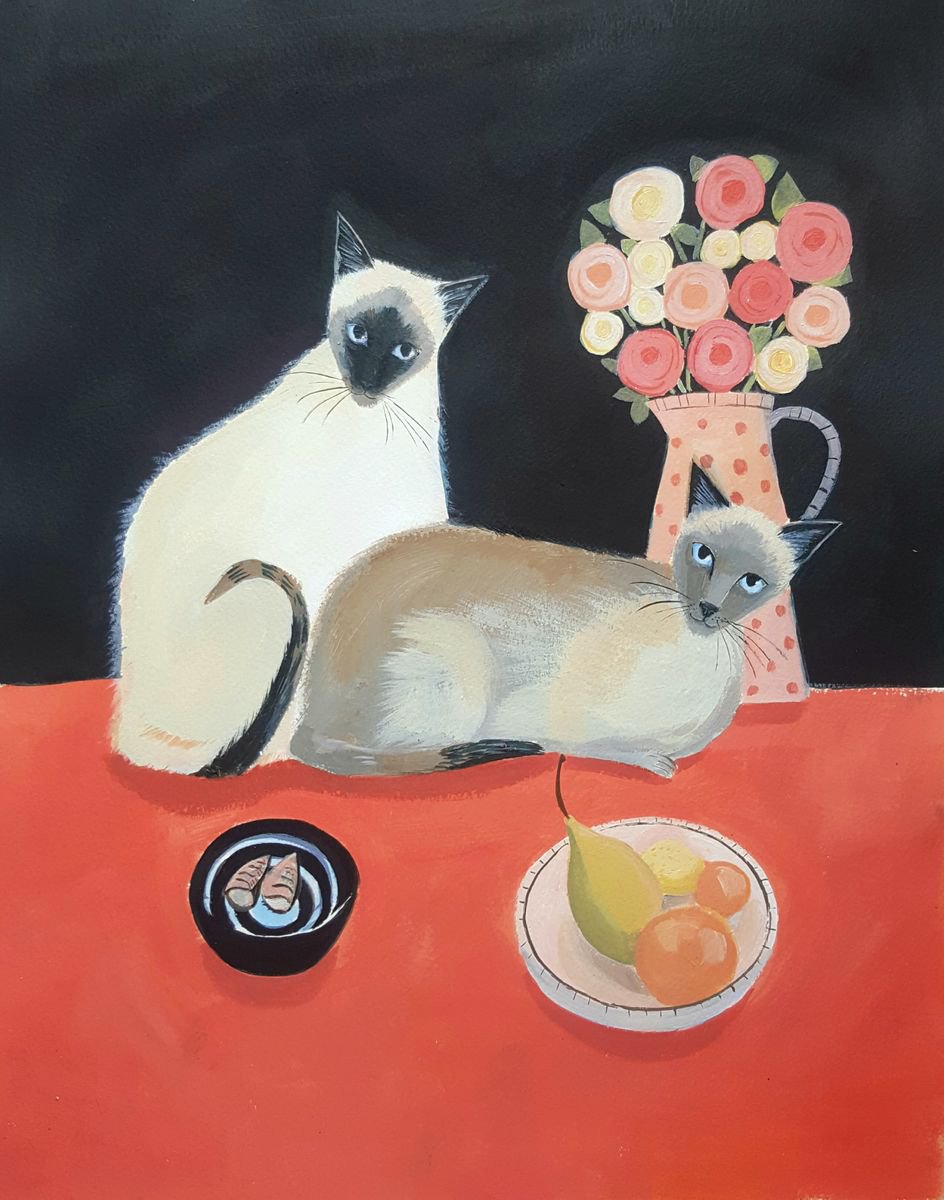 Naive Acrylic Painting , Siamese Cats By Mary Stubberfield, 13 X 17, Artwork For Sale On Artfinder