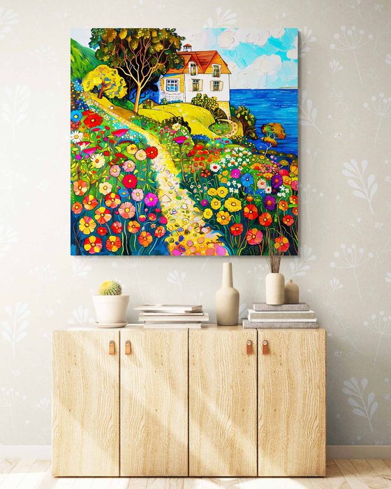 Sunny day with cozy house near the sea. Colorful impressionistic fairytale floral landscape fantasy flowers. Hanging large positive relax naive fine art for home decor, inspiration by Matisse and Klimt