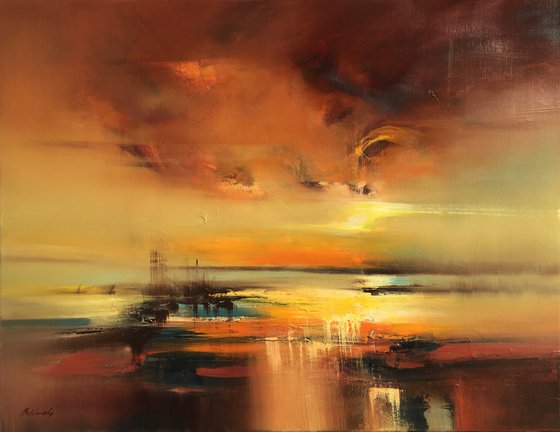 Tender Hopes - 70 x 90 cm abstract landscape oil painting in brown and yellow