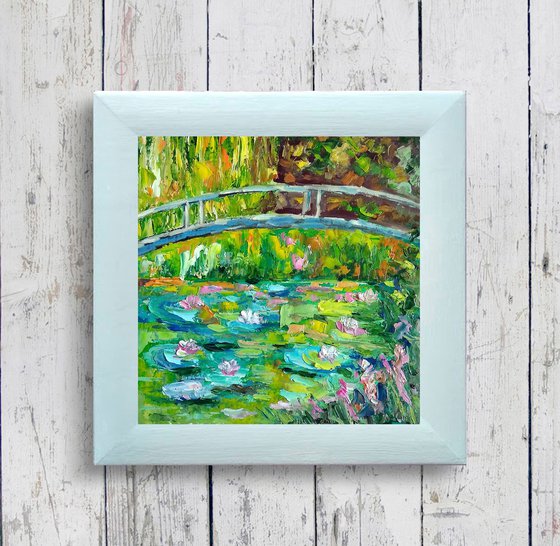 Monet Pond Painting Impressionism Original Art Water Lily Artwork Landscape Impasto Floral Wall Art