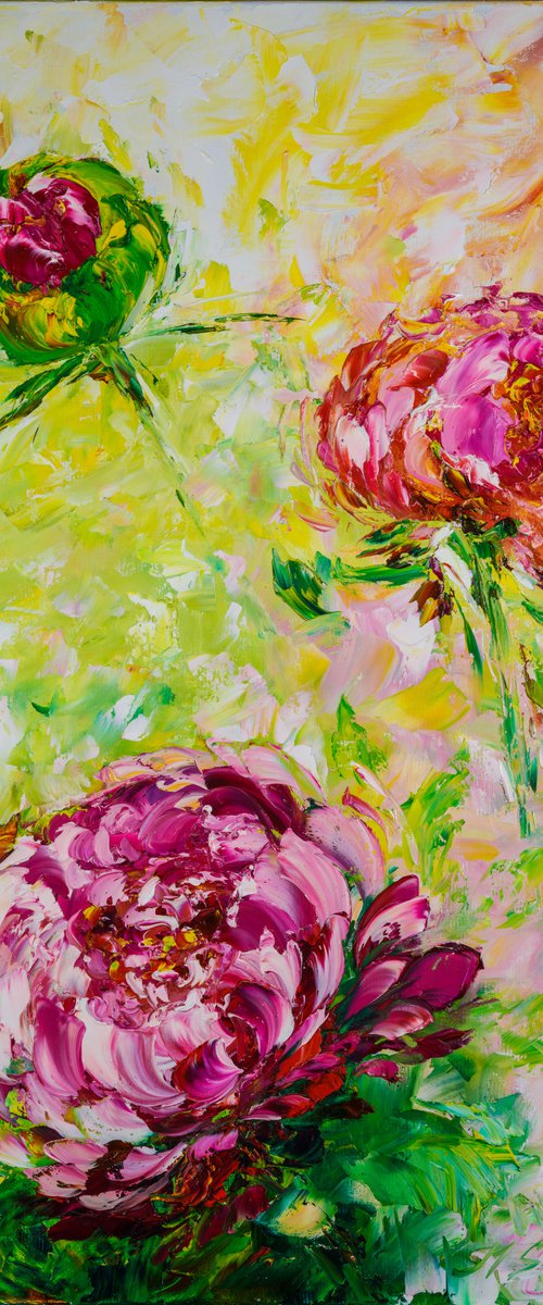 BRIGHT PEONIES - Summer day. Pink peonies. Lush buds. Abstract technique. Expressive landscape. Smile. Dawn. by Marina Skromova