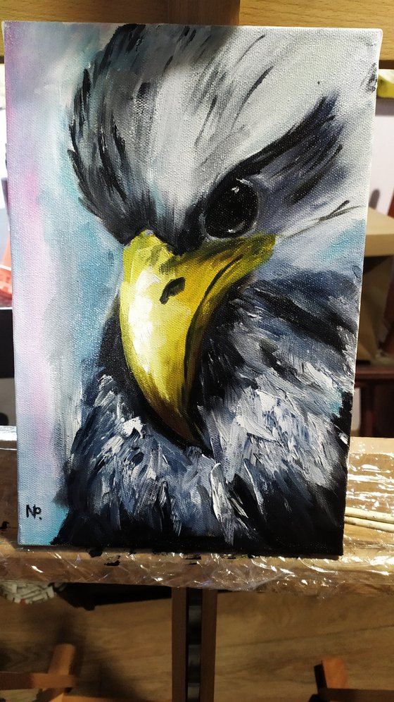 Young eagle, original bird small oil painting, gift idea, art for home