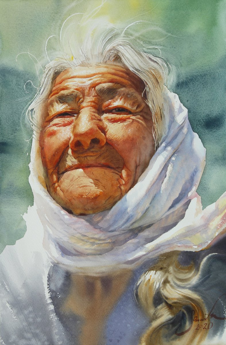 Granny Solmaz watercolor portrait by Samira Yanushkova
