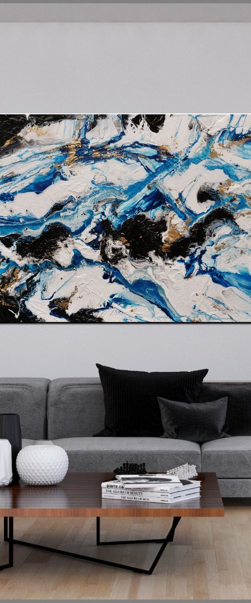 Cobalt Reign 270cm x 120cm Blue Black Gold Abstract Art by Franko