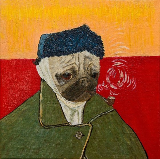 Van Pug – Self-Portrait with Bandaged Ear and Pipe (inspired by Van Gogh)