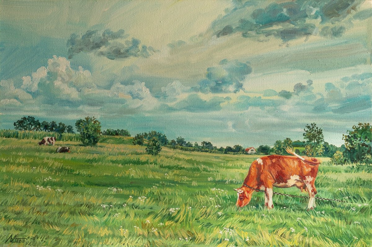 Photorealistic Animal Oil Painting By Alona Lesnichenko, 26 X 19, Summer Pasture, Original Artwork