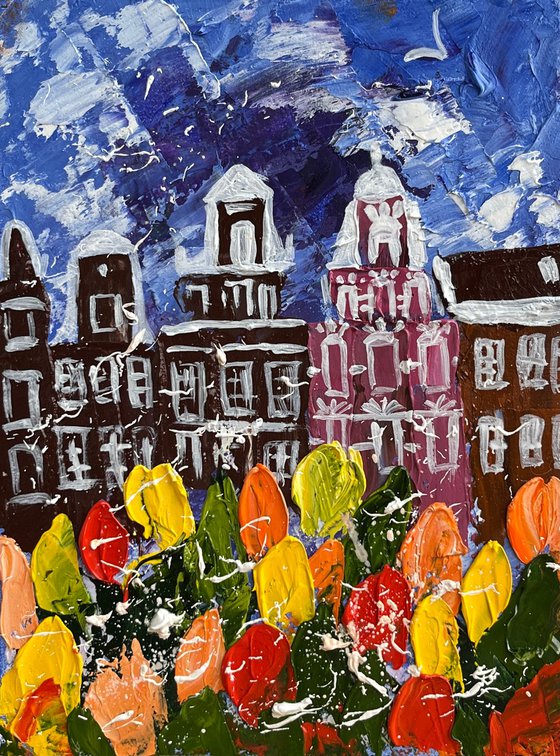 Amsterdam Painting Cityscape Original Art Tulips Impasto Artwork Floral Home Wall Art 6 by 8 by Halyna Kirichenko
