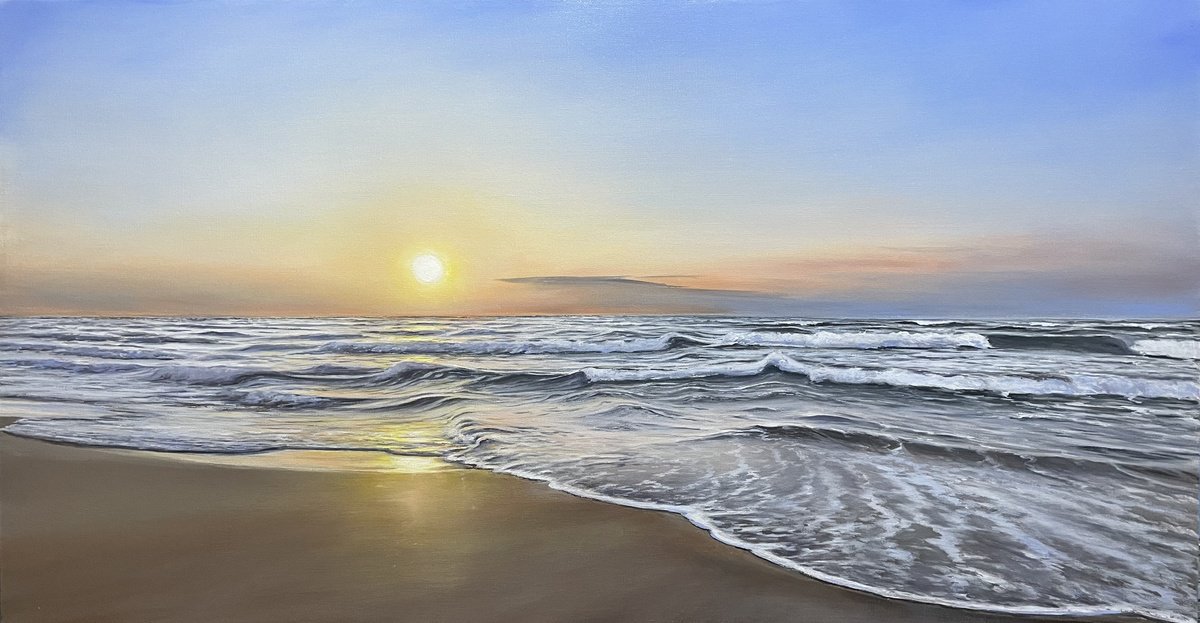 Photorealistic Landscape Oil Painting By Aflatun Israilov, 59 X 31, Sunlit Shores, Original Artwork