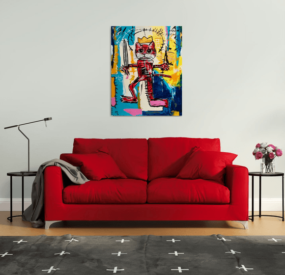 Red Cat Warrior  #3  (101 x 81 cm , 40 x  32inches ) version of painting  by Jean-Michel Basquiat  “Warrior “